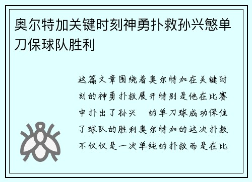 奥尔特加关键时刻神勇扑救孙兴慜单刀保球队胜利 奥尔特加关键时刻神勇扑救孙兴慜单刀保球队胜利