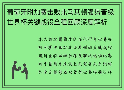 葡萄牙附加赛击败北马其顿强势晋级世界杯关键战役全程回顾深度解析